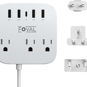 European Travel Plug Adapter, FOVAL EU UK US Power Strip with USB C and 4 USB Ports, 3 AC Outlets, Wall Mountable, 5ft Extension Cord, Compact for Travel, Cruise Ship, Home Office