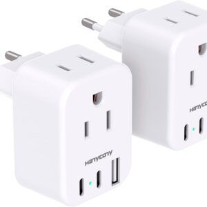 European Travel Plug Adapter for International, HANYCONY Italy Spain Power Adapter 2 Outlets 2 USB C Ports, Type C Adapter Travel Cruise Essentials for US to Most Europe France Germany EU, 2 Pack