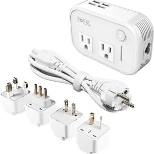 FOVAL Power Step Down 220V to 110V Travel Voltage Converter International Power Adapter for Hair Straightener/Curling Iron with 4-Port USB Charging US/UK/AU/IT/EU Universal Plug Adapter White