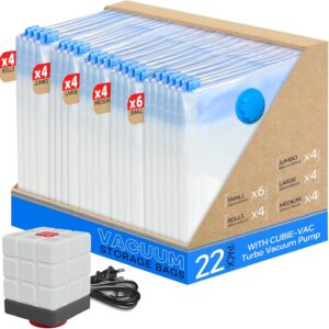 Vacuum Seal Bags for Clothing, 22 Pack Vacuum Storage Bags (4 Jumbo, 4 Large, 4 Medium, 6 Small, 4 Roll) for Clothes Comforters, Travel Space Saver Bag with Compact Electric Pump (2025 Upgrade)