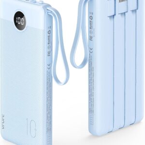 VRURC 10000mAh Power Bank Built-in Cables, Portable Charger with LED Display, Slim Travel Battery Pack with Cords, 5 Output Dual Input Phone Charger for Cell Phone Smart Devcies-Blue(1 Pack)