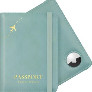 Stouchi AirTag Passport Holder, Cute Passport Holder with Airtag Slot, RFID Passport Wallet Cover for Women, Family Leather Passport Protector Case, Anti-Lost Travel Essentials, Sky Blue