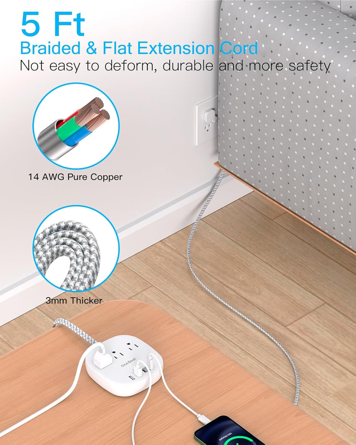 One Beat Flat Plug Power Strip, 5ft Flat Extension Cord, 3 Outlets 4 USB Ports (2 USB C) 22.5W/4.5A Desktop Charging Station Cruise Ship Power Strip No Surge Protection, Dorm Room Travel Essentials - Image 6