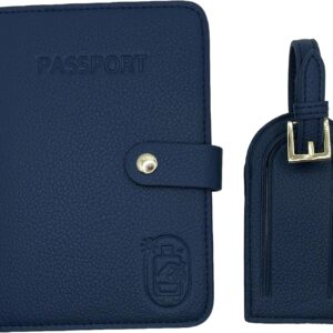 Passport Holder for Travel RFID and Airtag Slot for Women/Men, Faux Leather Passport Holder & Travel Wallet with Security Luggage Tag (Navy Blue)